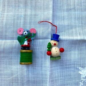 Vintage wooden hanging ornaments: mouse and snowman